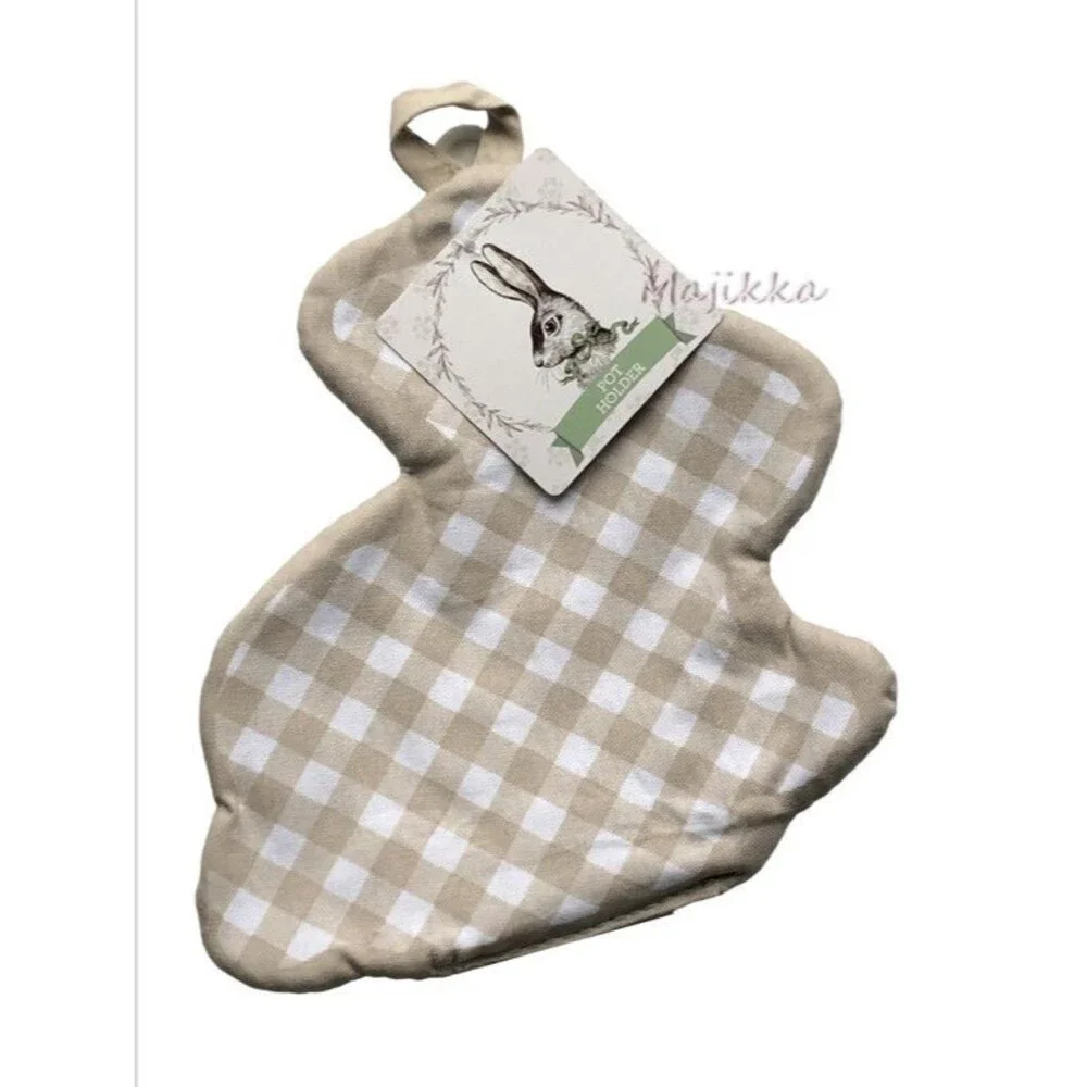 Easter Bunny Kitchen Dish Towel Potholder Oven Mitt Set of 3 Tan Buffalo Check